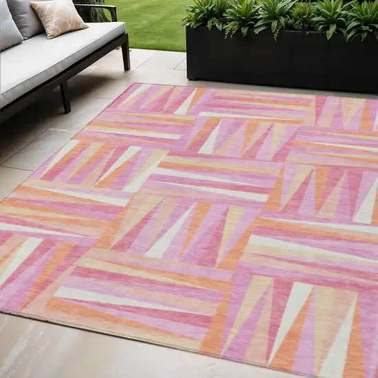 Blush Ivory And Orange Geometric Washable Indoor Outdoor Area Rug Photo 1