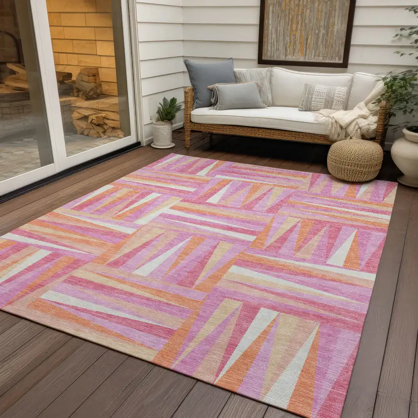 Blush Ivory And Orange Geometric Washable Indoor Outdoor Area Rug Photo 8