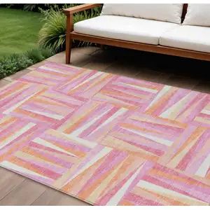 Photo of Blush Ivory And Orange Geometric Washable Indoor Outdoor Area Rug