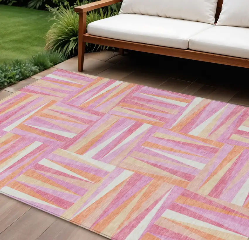 Blush Ivory And Orange Geometric Washable Indoor Outdoor Area Rug Photo 1