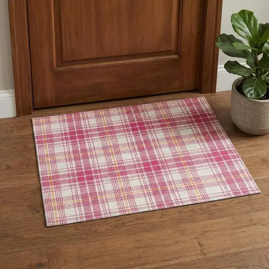 Blush Ivory And Orange Plaid Washable Area Rug With UV Protection Photo 1