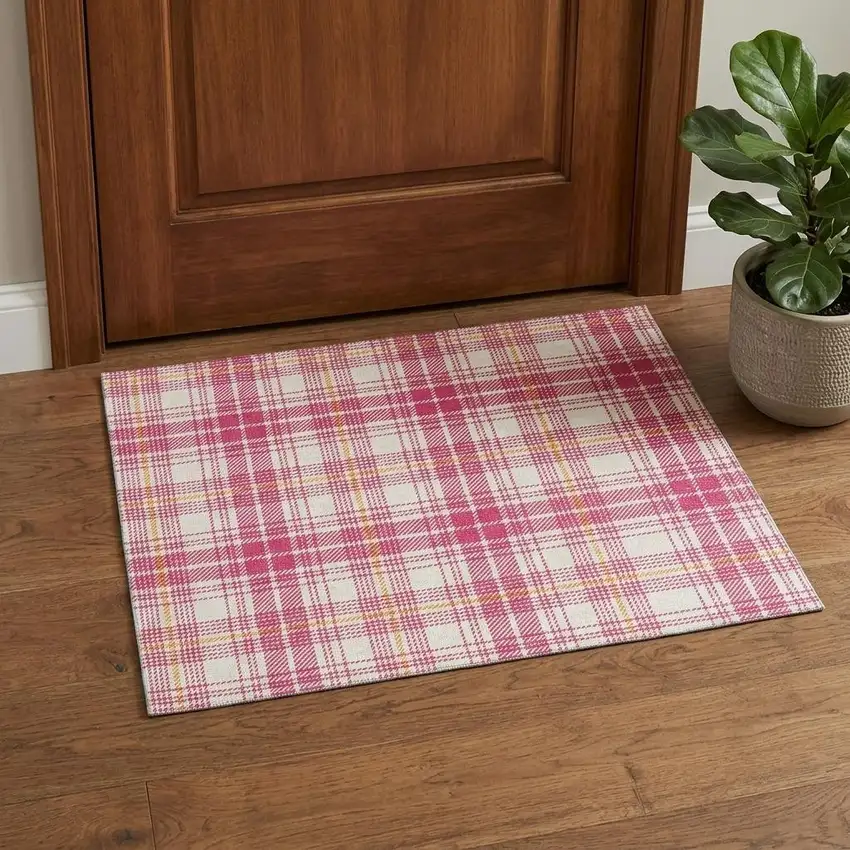 Blush Ivory And Orange Plaid Washable Area Rug With UV Protection Photo 1