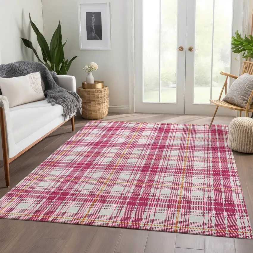 Blush Ivory And Orange Plaid Washable Area Rug With UV Protection Photo 5