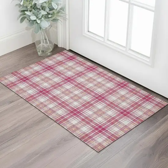 Blush Ivory And Orange Plaid Washable Area Rug With UV Protection Photo 2