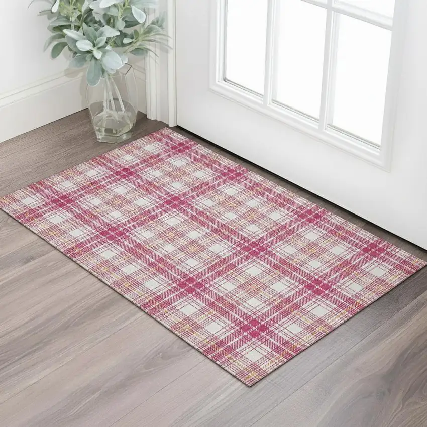 Blush Ivory And Orange Plaid Washable Area Rug With UV Protection Photo 2