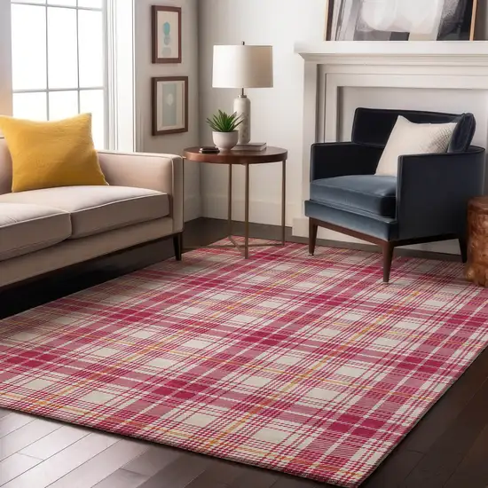 Blush Ivory And Orange Plaid Washable Area Rug With UV Protection Photo 4
