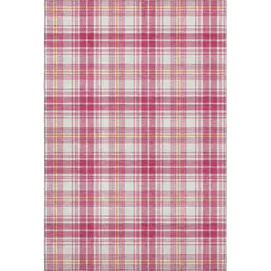 Photo of Blush Ivory And Orange Plaid Washable Area Rug With UV Protection