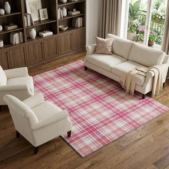 Blush Ivory And Orange Plaid Washable Area Rug With UV Protection Photo 1