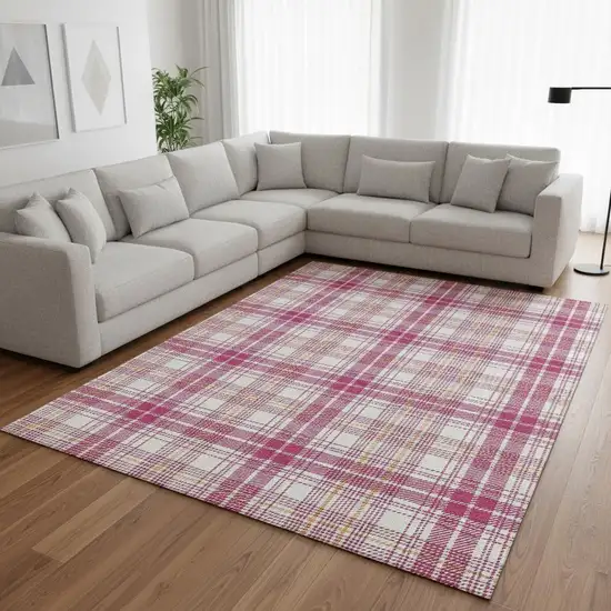 Blush Ivory And Orange Plaid Washable Area Rug With UV Protection Photo 2