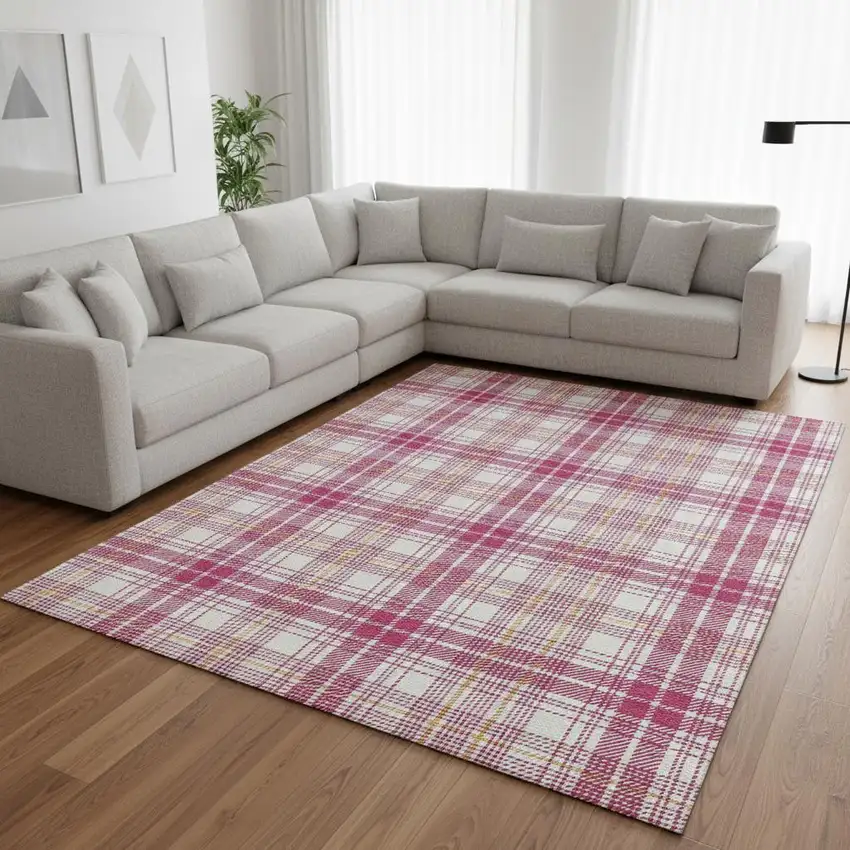 Blush Ivory And Orange Plaid Washable Area Rug With UV Protection Photo 2