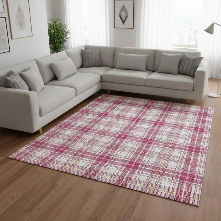 Blush Ivory And Orange Plaid Washable Area Rug With UV Protection Photo 2