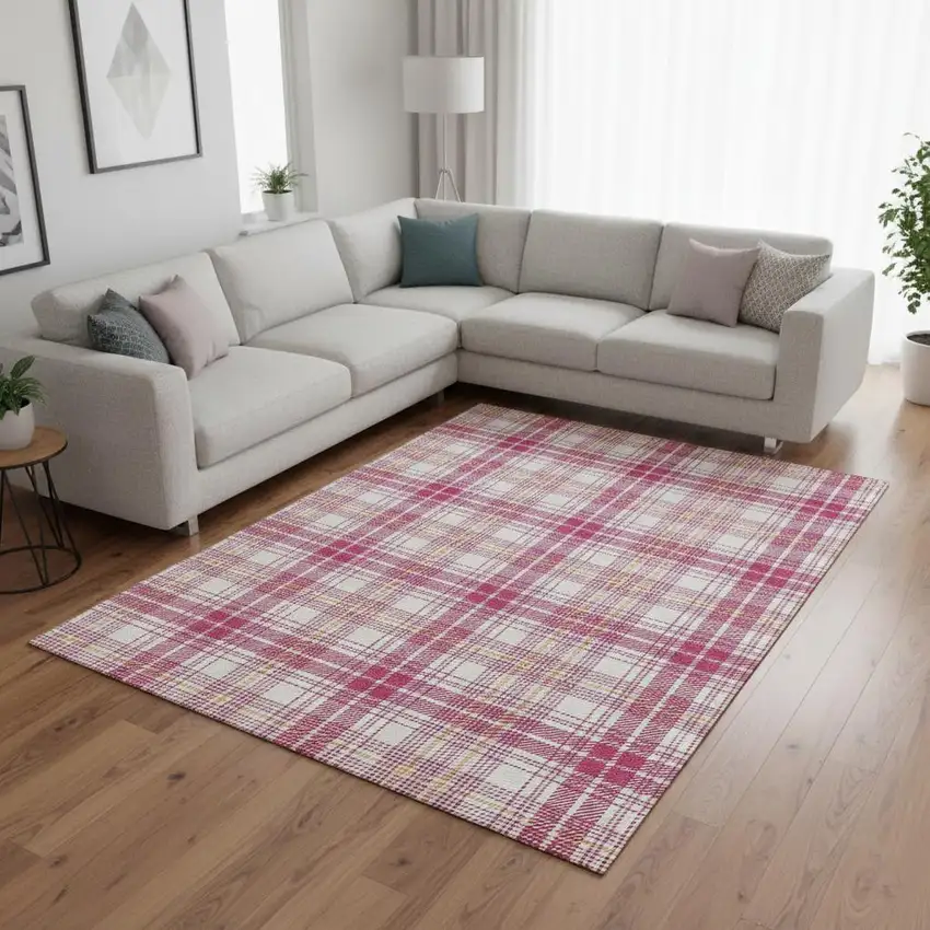 Blush Ivory And Orange Plaid Washable Area Rug With UV Protection Photo 2