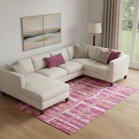 Blush Ivory And Orange Striped Washable Area Rug With UV Protection Photo 1