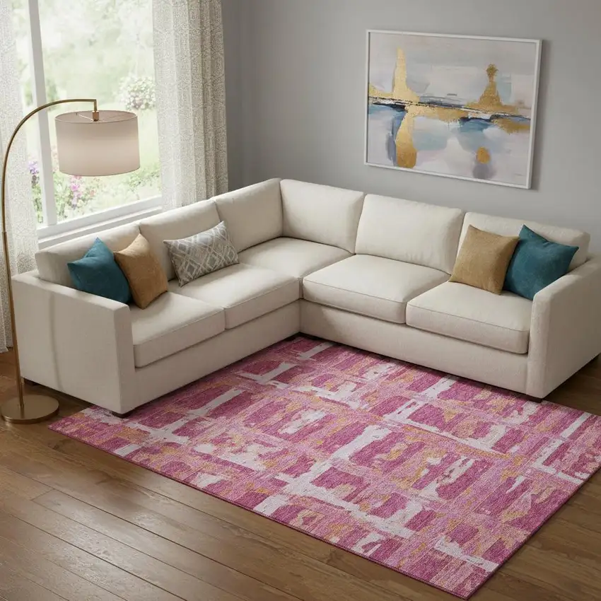 Blush Ivory And Orange Striped Washable Area Rug With UV Protection Photo 1