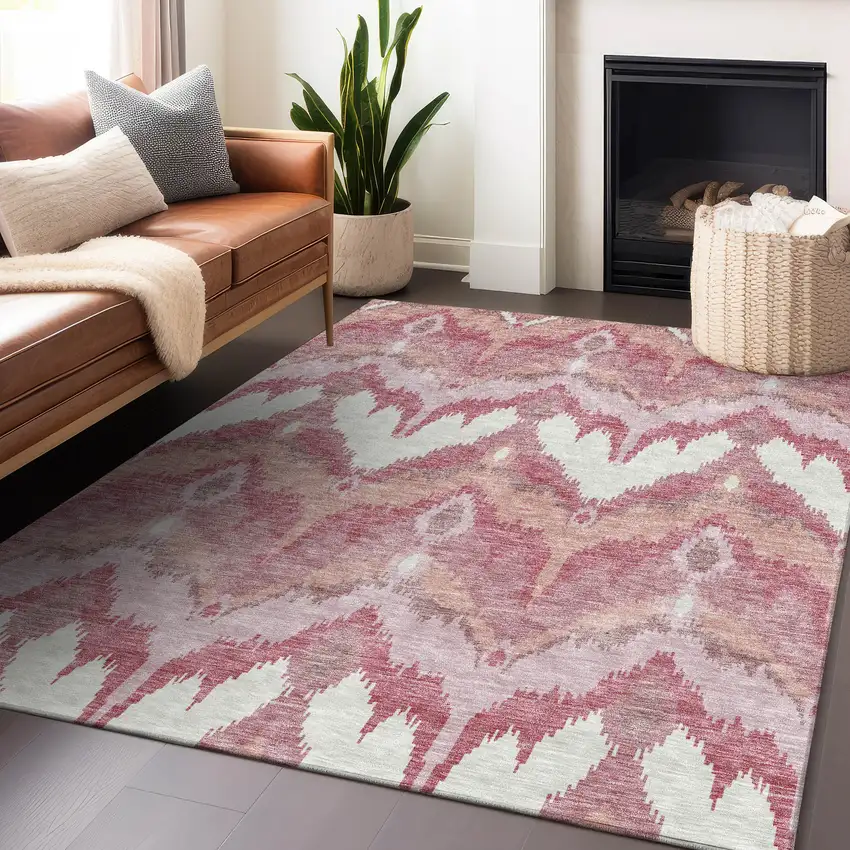 Blush Ivory And Pink Ikat Washable Area Rug With UV Protection Photo 6