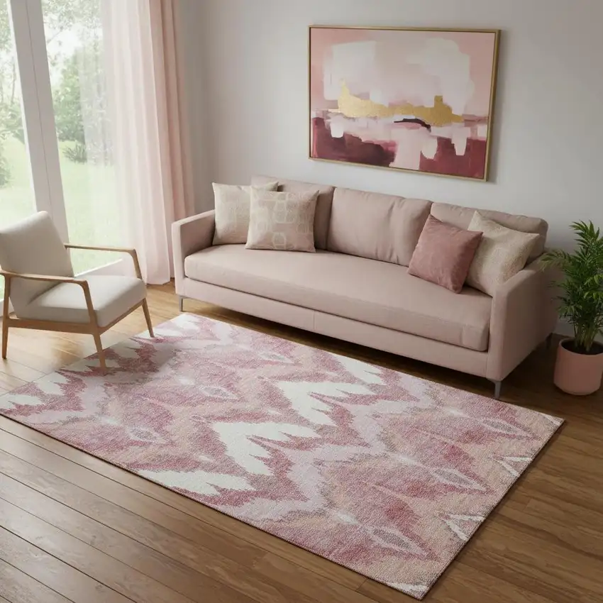 Blush Ivory And Pink Ikat Washable Area Rug With UV Protection Photo 1