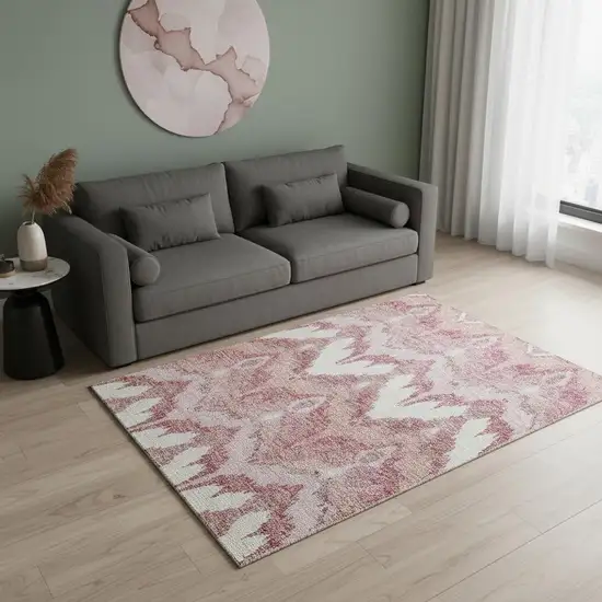 Blush Ivory And Pink Ikat Washable Area Rug With UV Protection Photo 2