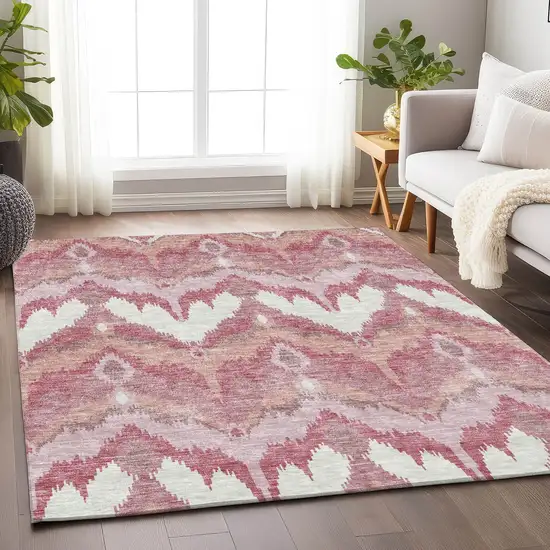 Blush Ivory And Pink Ikat Washable Area Rug With UV Protection Photo 5
