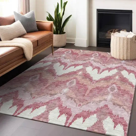 Blush Ivory And Pink Ikat Washable Area Rug With UV Protection Photo 6