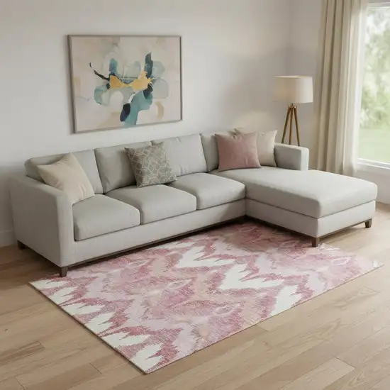 Blush Ivory And Pink Ikat Washable Area Rug With UV Protection Photo 1