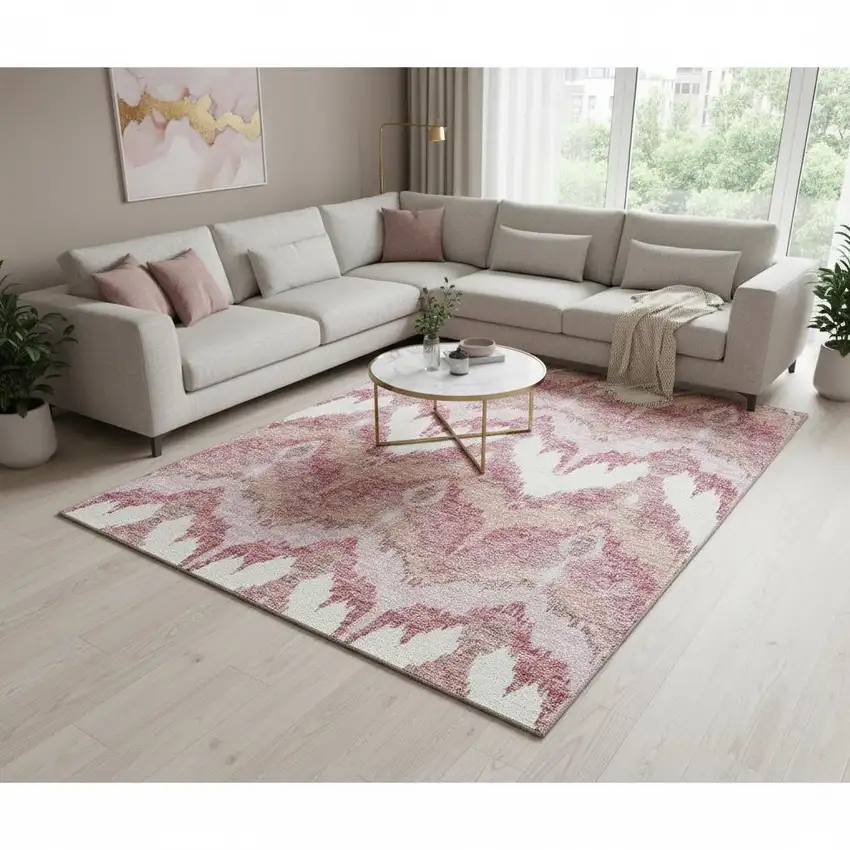 Blush Ivory And Pink Ikat Washable Area Rug With UV Protection Photo 2