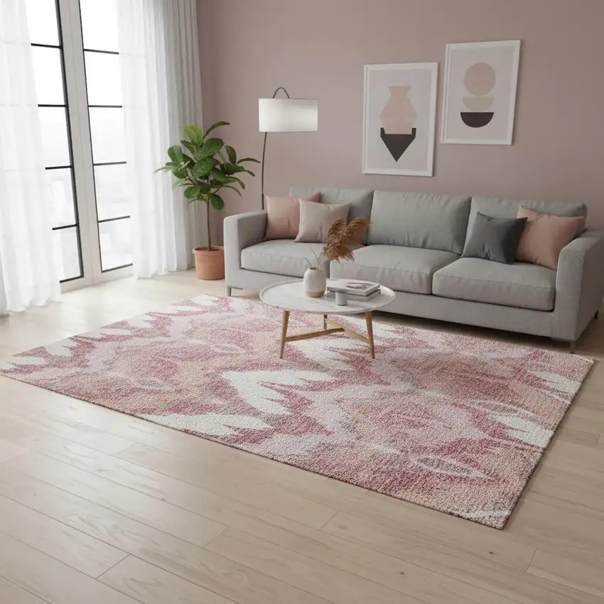 Blush Ivory And Pink Ikat Washable Area Rug With UV Protection Photo 2