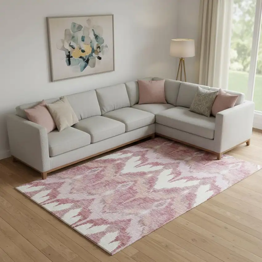 Blush Ivory And Pink Ikat Washable Area Rug With UV Protection Photo 1