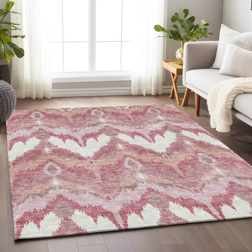 Blush Ivory And Pink Ikat Washable Area Rug With UV Protection Photo 4