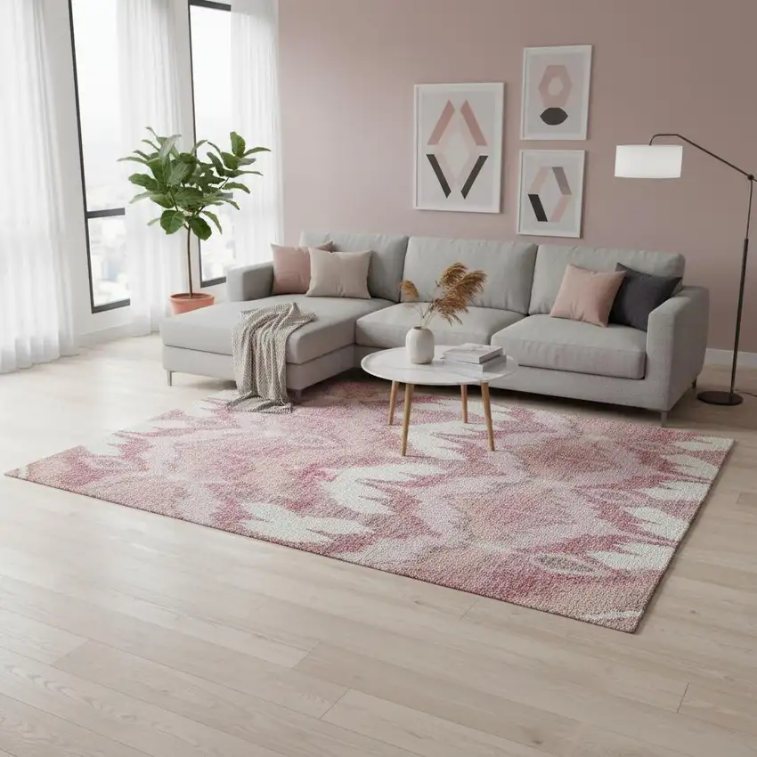 Blush Ivory And Pink Ikat Washable Area Rug With UV Protection Photo 2