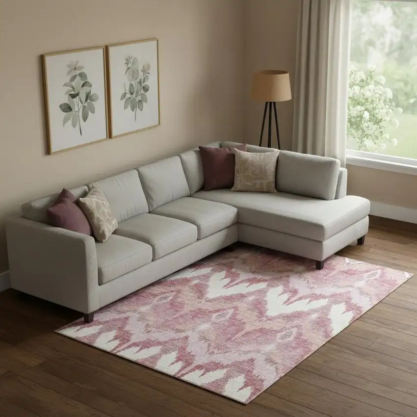 Blush Ivory And Pink Ikat Washable Area Rug With UV Protection Photo 1