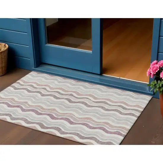 Blush Ivory And Taupe Striped Washable Indoor Outdoor Area Rug Photo 1
