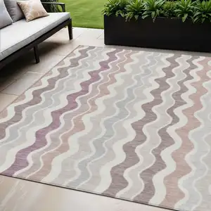 Photo of Blush Ivory And Taupe Striped Washable Indoor Outdoor Area Rug