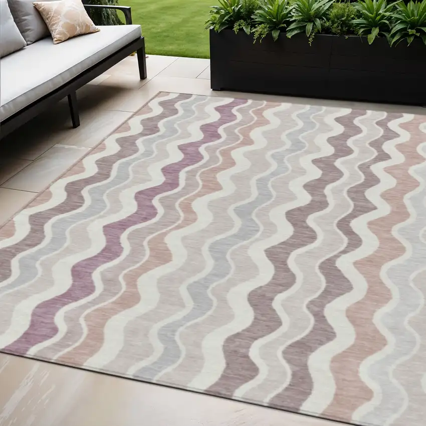Blush Ivory And Taupe Striped Washable Indoor Outdoor Area Rug Photo 1