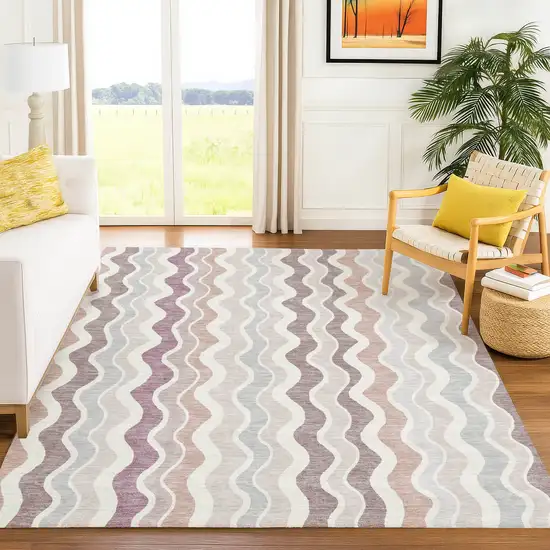 Blush Ivory And Taupe Striped Washable Indoor Outdoor Area Rug Photo 9