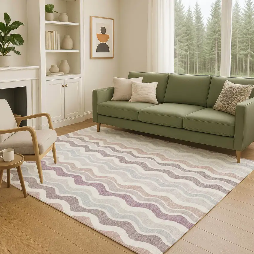 Blush Ivory And Taupe Striped Washable Indoor Outdoor Area Rug Photo 8