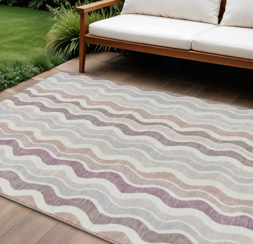 Blush Ivory And Taupe Striped Washable Indoor Outdoor Area Rug Photo 1