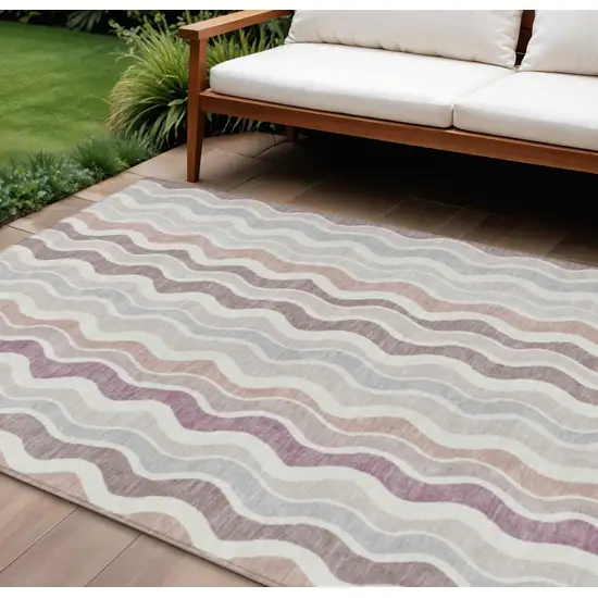 Blush Ivory And Taupe Striped Washable Indoor Outdoor Area Rug Photo 1