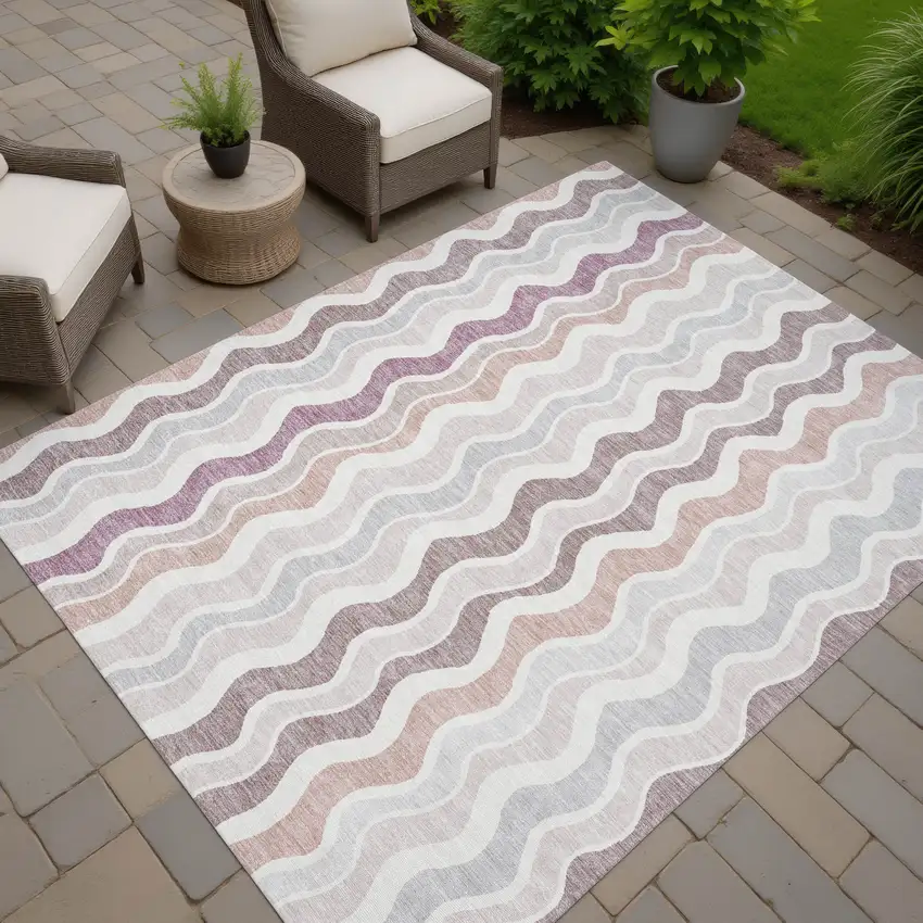 Blush Ivory And Taupe Striped Washable Indoor Outdoor Area Rug Photo 6