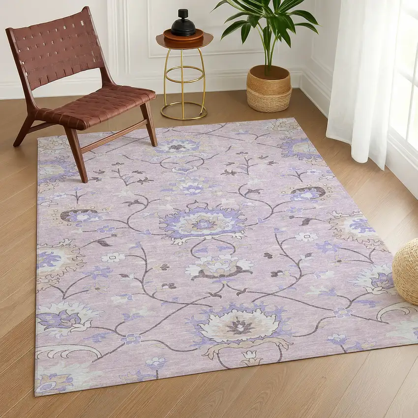 Blush Lavender And Beige Floral Washable Indoor Outdoor Area Rug Photo 9