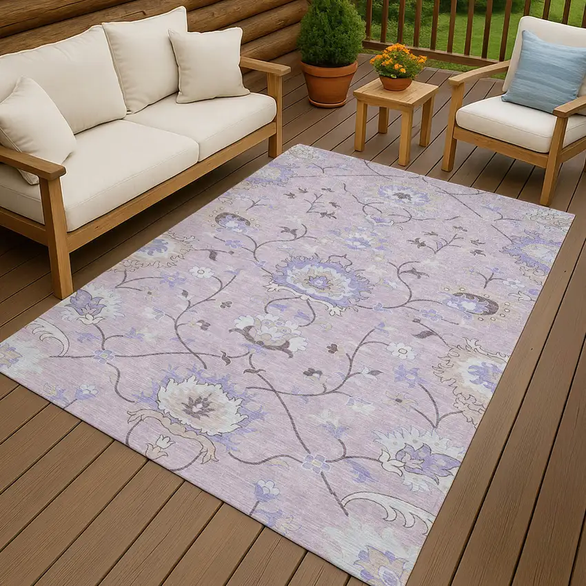 Blush Lavender And Beige Floral Washable Indoor Outdoor Area Rug Photo 9