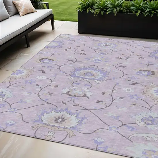 Blush Lavender And Beige Floral Washable Indoor Outdoor Area Rug Photo 1