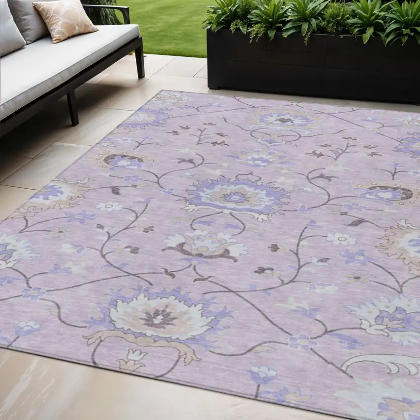 Blush Lavender And Beige Floral Washable Indoor Outdoor Area Rug Photo 1