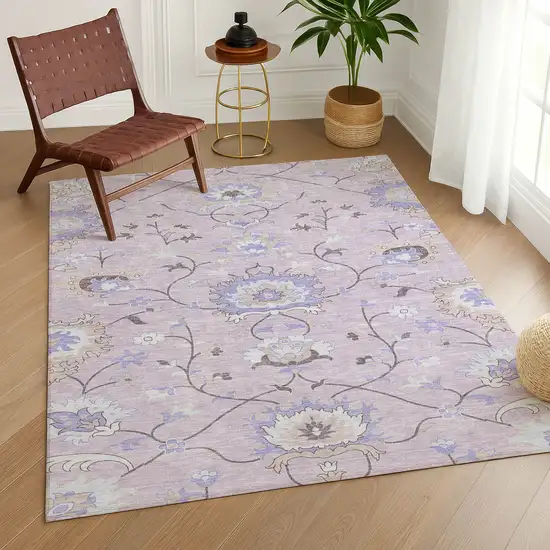 Blush Lavender And Beige Floral Washable Indoor Outdoor Area Rug Photo 9