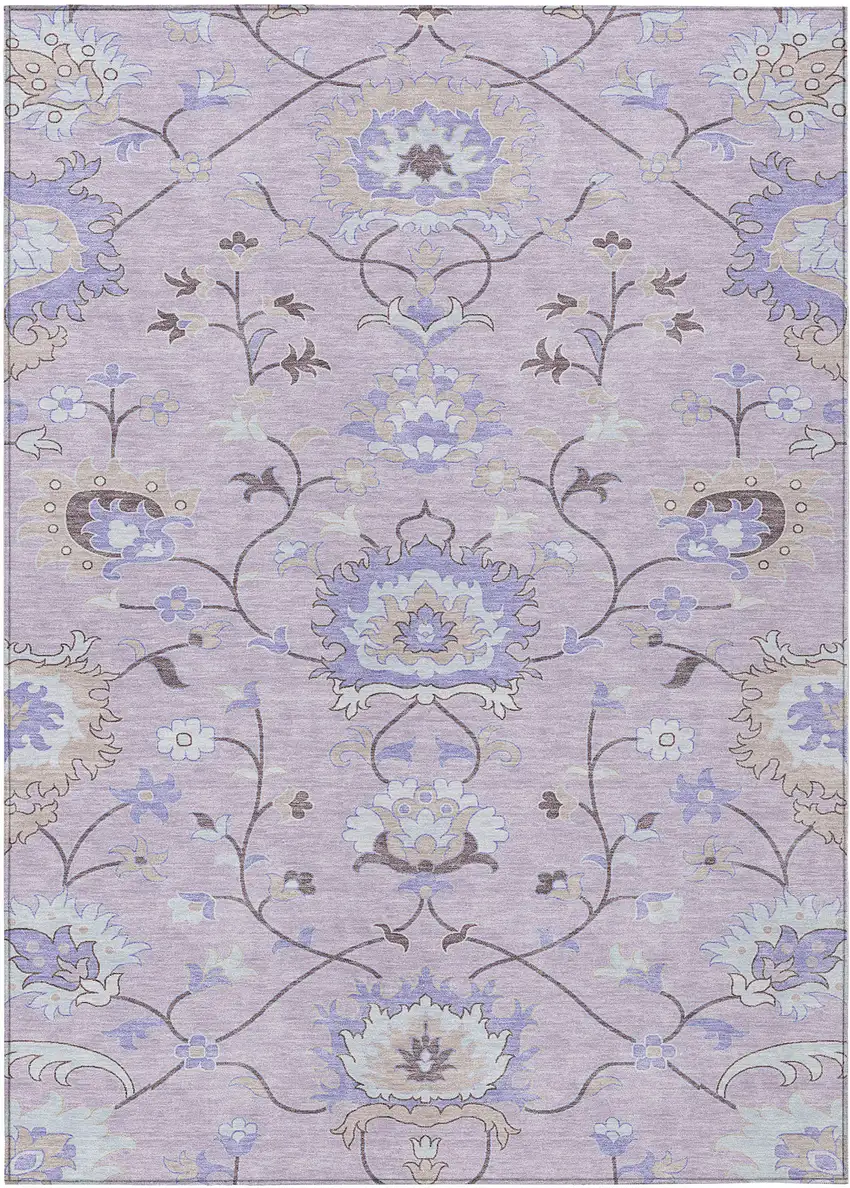 Blush Lavender And Beige Floral Washable Indoor Outdoor Area Rug Photo 2