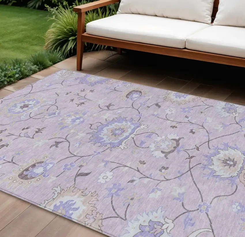 Blush Lavender And Beige Floral Washable Indoor Outdoor Area Rug Photo 1