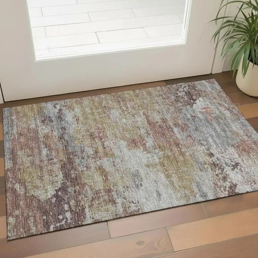 Blush Mauve And Gray Abstract Washable Area Rug With UV Protection Photo 2