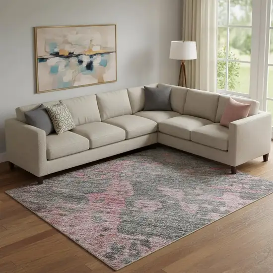 Blush Mauve And Gray Abstract Washable Area Rug With UV Protection Photo 2