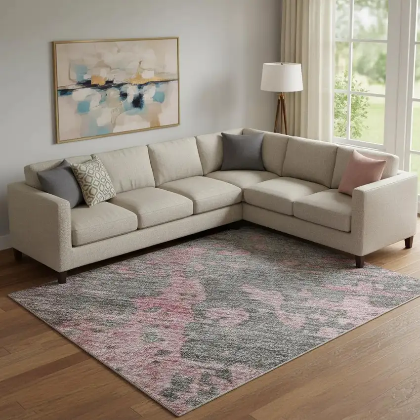 Blush Mauve And Gray Abstract Washable Area Rug With UV Protection Photo 2