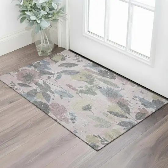 Blush Mauve And Gray Floral Washable Area Rug With UV Protection Photo 2