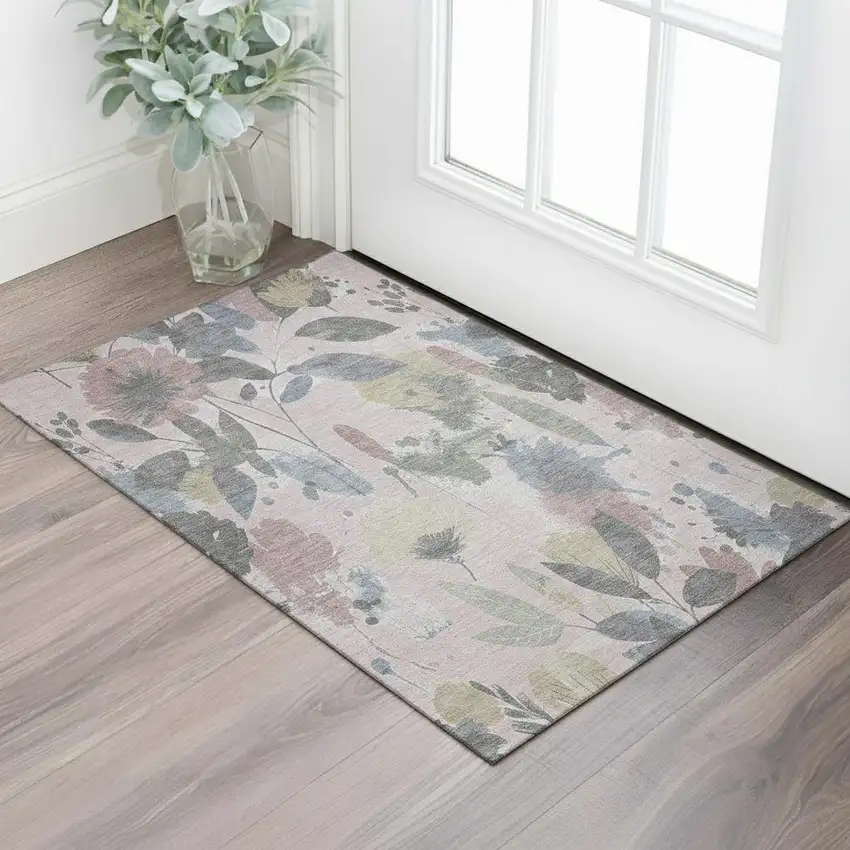 Blush Mauve And Gray Floral Washable Area Rug With UV Protection Photo 2
